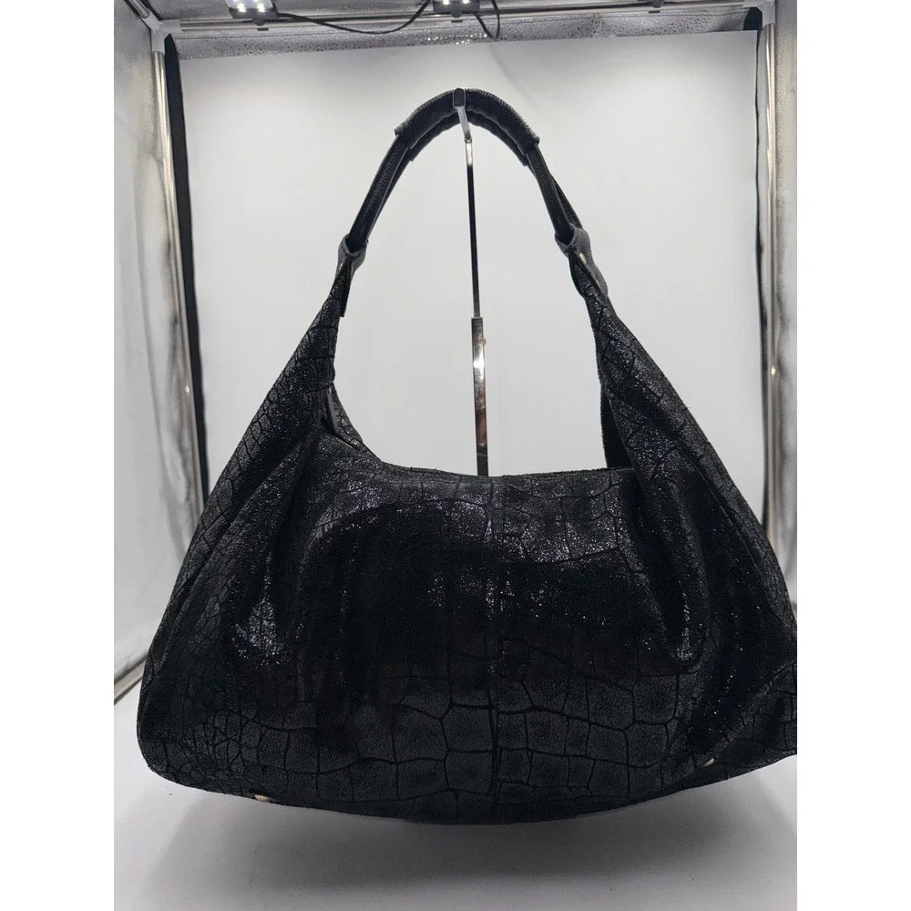 Lola Bernard Vintage Black Croc Embossed Shimmer Leather Hobo Bag Gold Hardware
